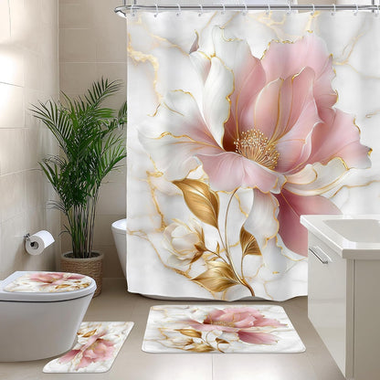 Marble Floral Pink Gold Modern 4Pcs Bathroom Shower Curtain Set with Rugs