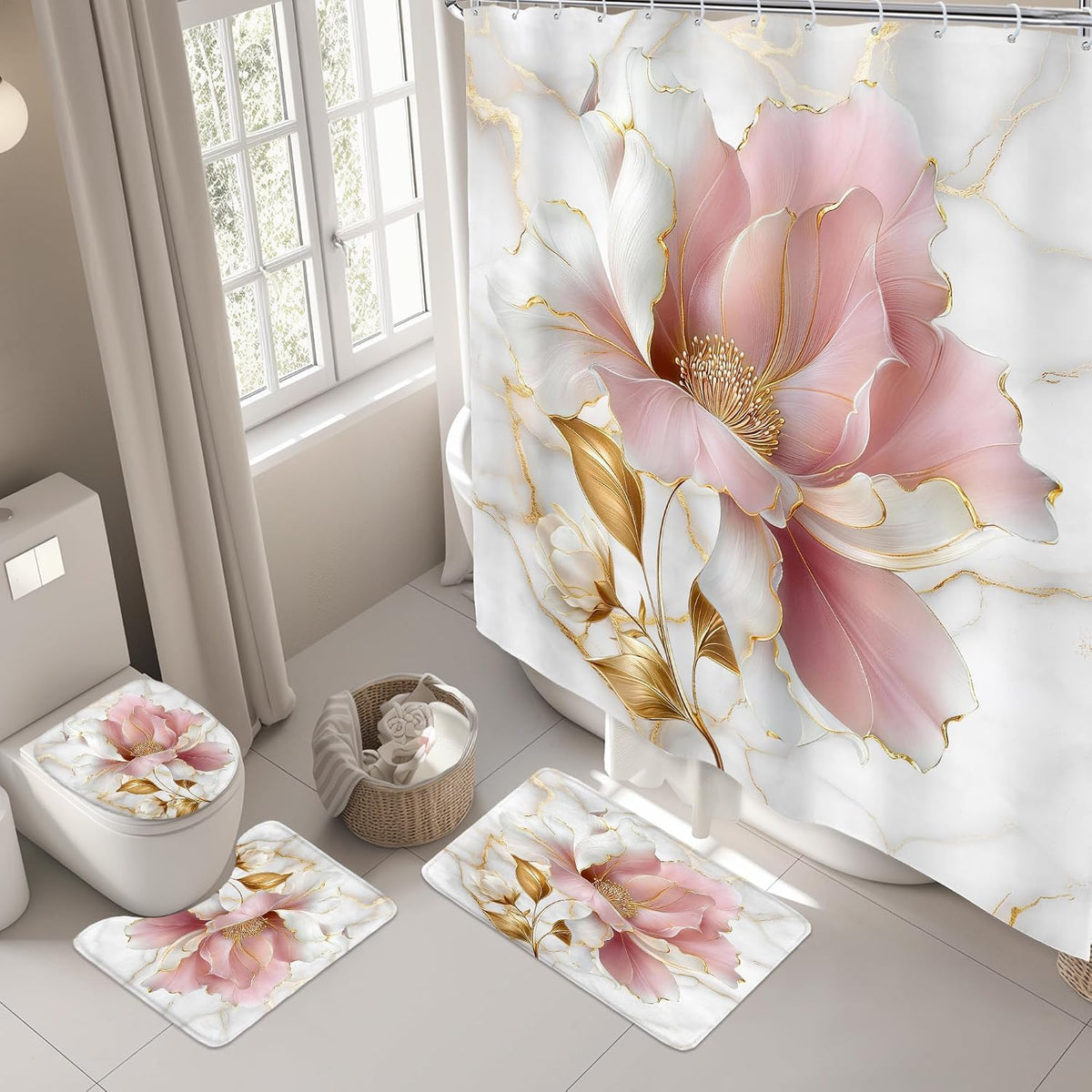 Marble Floral Pink Gold Modern 4Pcs Bathroom Shower Curtain Set with Rugs