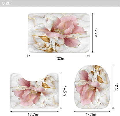 Marble Floral Pink Gold Modern 4Pcs Bathroom Shower Curtain Set with Rugs