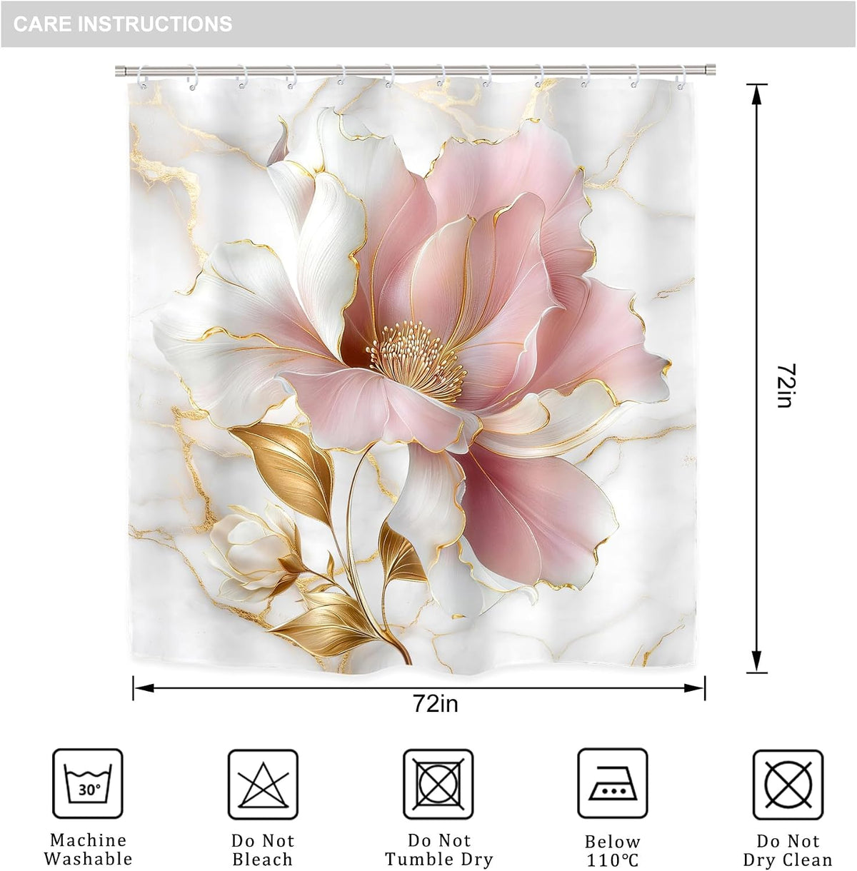Marble Floral Pink Gold Modern 4Pcs Bathroom Shower Curtain Set with Rugs