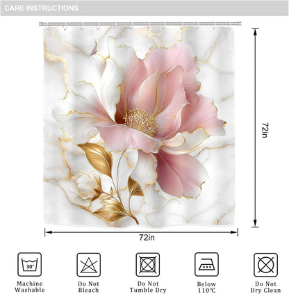 Marble Floral Pink Gold Modern 4Pcs Bathroom Shower Curtain Set with Rugs