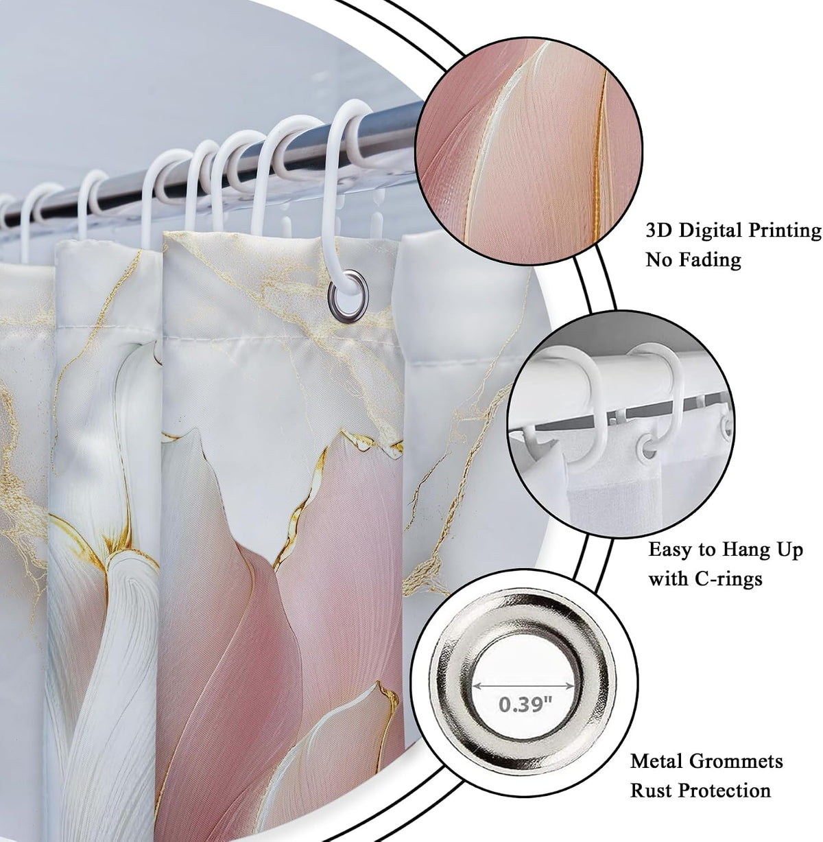 Marble Floral Pink Gold Modern 4Pcs Bathroom Shower Curtain Set with Rugs