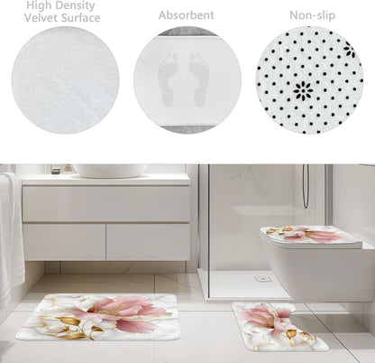 Marble Floral Pink Gold Modern 4Pcs Bathroom Shower Curtain Set with Rugs