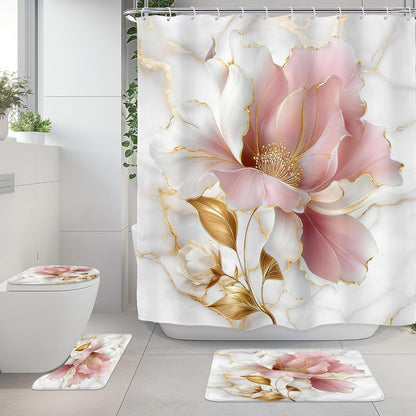 Marble Floral Pink Gold Modern 4Pcs Bathroom Shower Curtain Set with Rugs