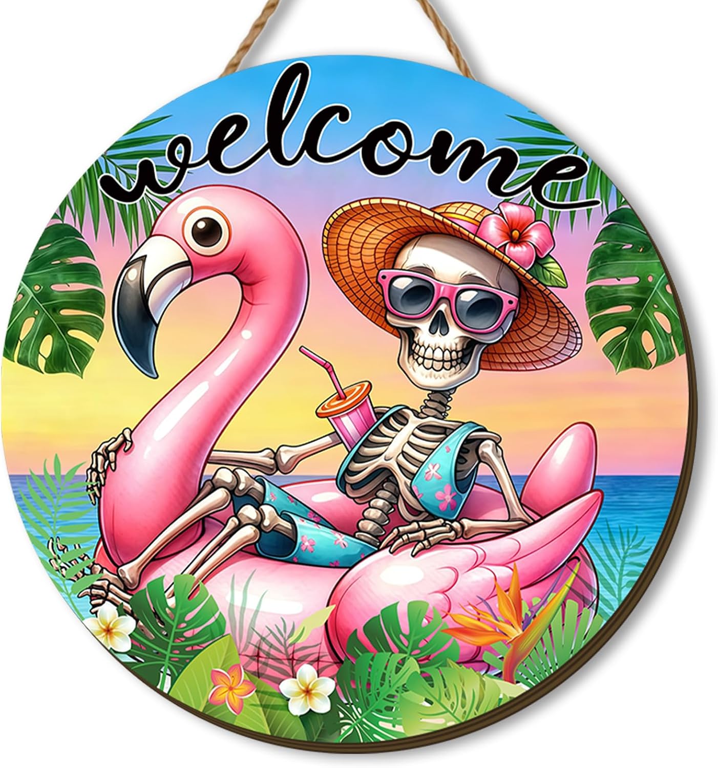 Summerween Wooden Wreaths for Front Door Pink Plaid Summer Halloween Welcome Sign Halloween in Summer Decor Summerween Decorations for Home Party