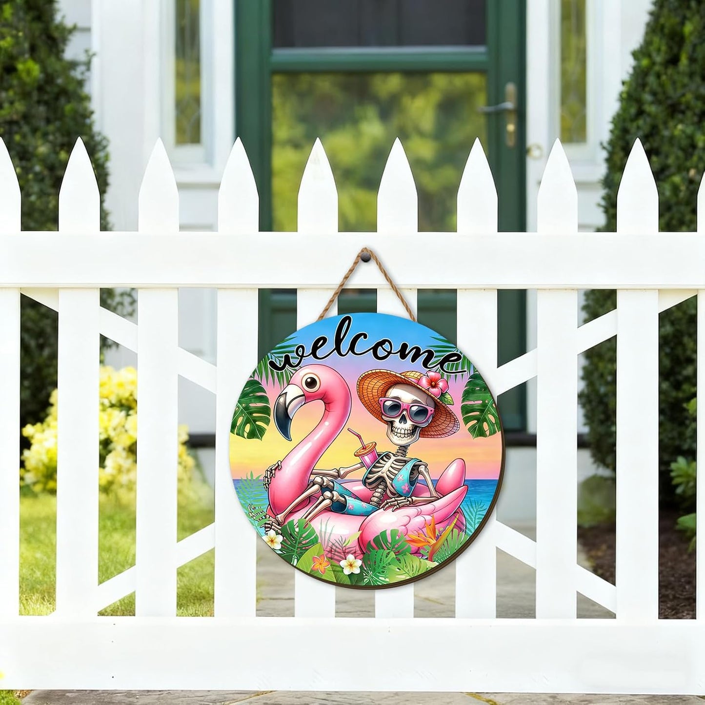 Summerween Wooden Wreaths for Front Door Pink Plaid Summer Halloween Welcome Sign Halloween in Summer Decor Summerween Decorations for Home Party