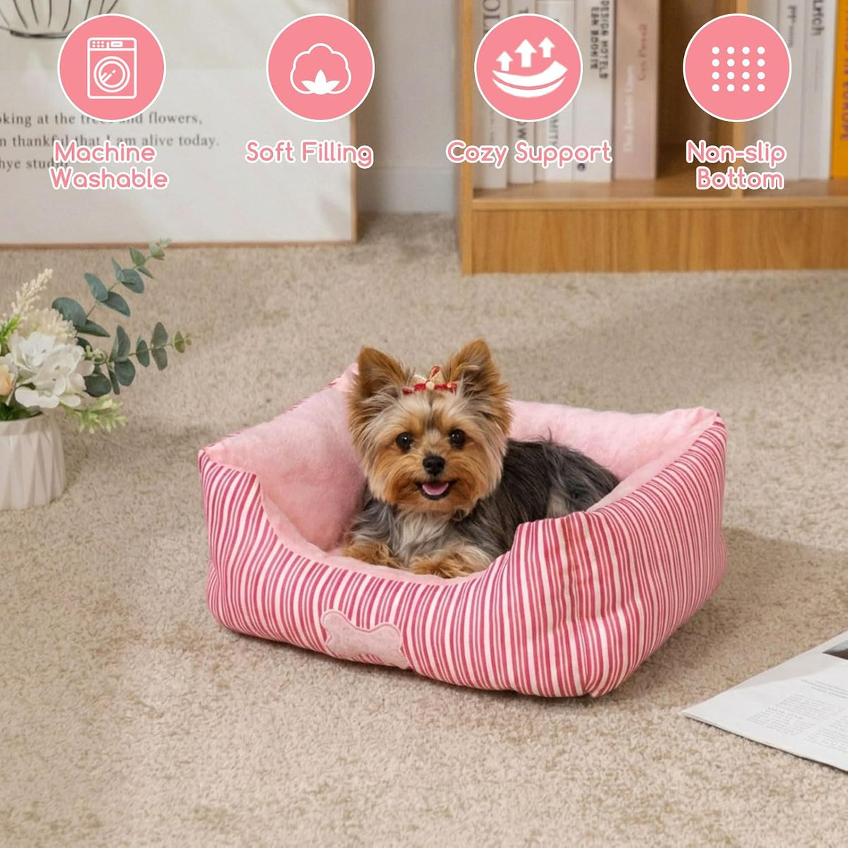 TC Fabric Plush Small Dog Cat Bed Self-Warming Pet Bed, Pink