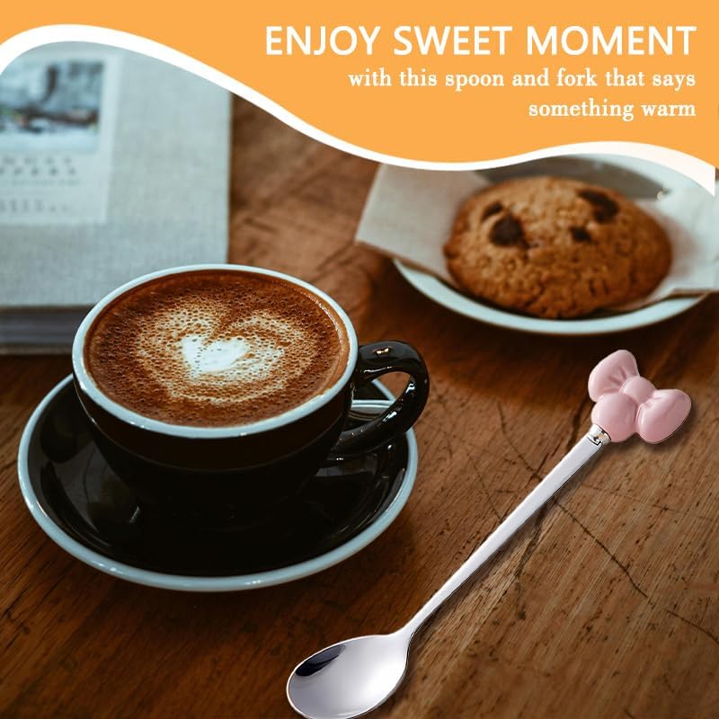 Bowknot Handle Fork Spoon Set Cute Tea Coffee Spoons Cake Forks for Wedding Baby Shower Cocktail Parties Dessert Spoons and Forks Cutlery Flatware Set for the Home