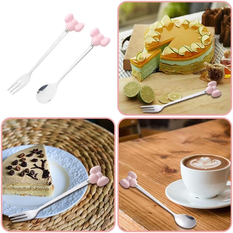Bowknot Handle Fork Spoon Set Cute Tea Coffee Spoons Cake Forks for Wedding Baby Shower Cocktail Parties Dessert Spoons and Forks Cutlery Flatware Set for the Home