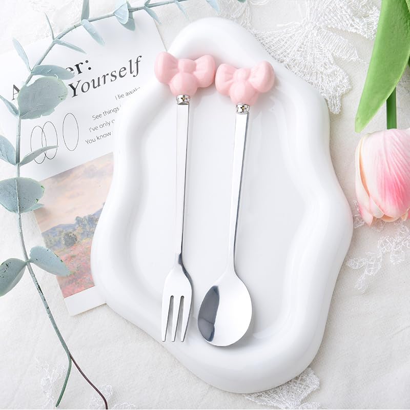 Bowknot Handle Fork Spoon Set Cute Tea Coffee Spoons Cake Forks for Wedding Baby Shower Cocktail Parties Dessert Spoons and Forks Cutlery Flatware Set for the Home