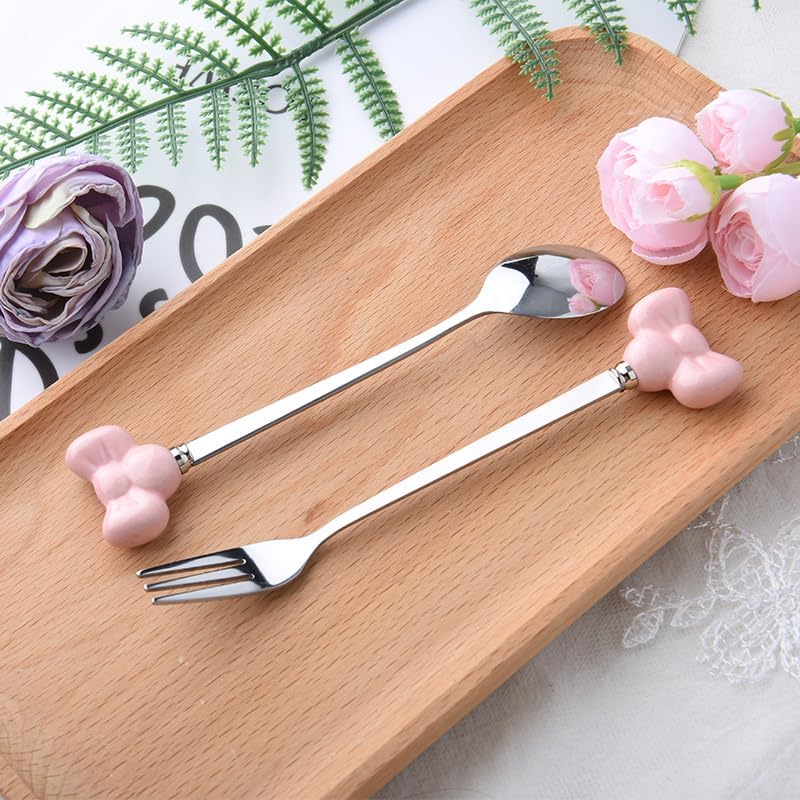 Bowknot Handle Fork Spoon Set Cute Tea Coffee Spoons Cake Forks for Wedding Baby Shower Cocktail Parties Dessert Spoons and Forks Cutlery Flatware Set for the Home