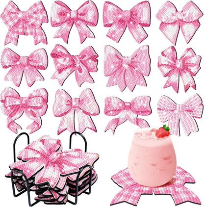 12 Pcs Pink Diamond Art Coasters with Holder Drink Diamond Painting Kit for Valentines Gifts Presents Beginners Adults Art Supplies Craft Decoration Table(Bow Shape)