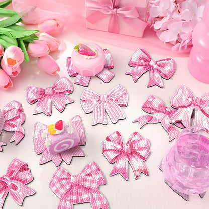 12 Pcs Pink Diamond Art Coasters with Holder Drink Diamond Painting Kit for Valentines Gifts Presents Beginners Adults Art Supplies Craft Decoration Table(Bow Shape)