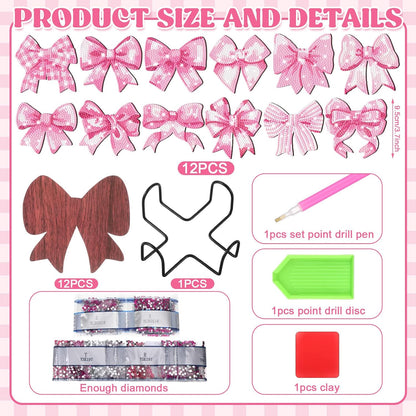 12 Pcs Pink Diamond Art Coasters with Holder Drink Diamond Painting Kit for Valentines Gifts Presents Beginners Adults Art Supplies Craft Decoration Table(Bow Shape)