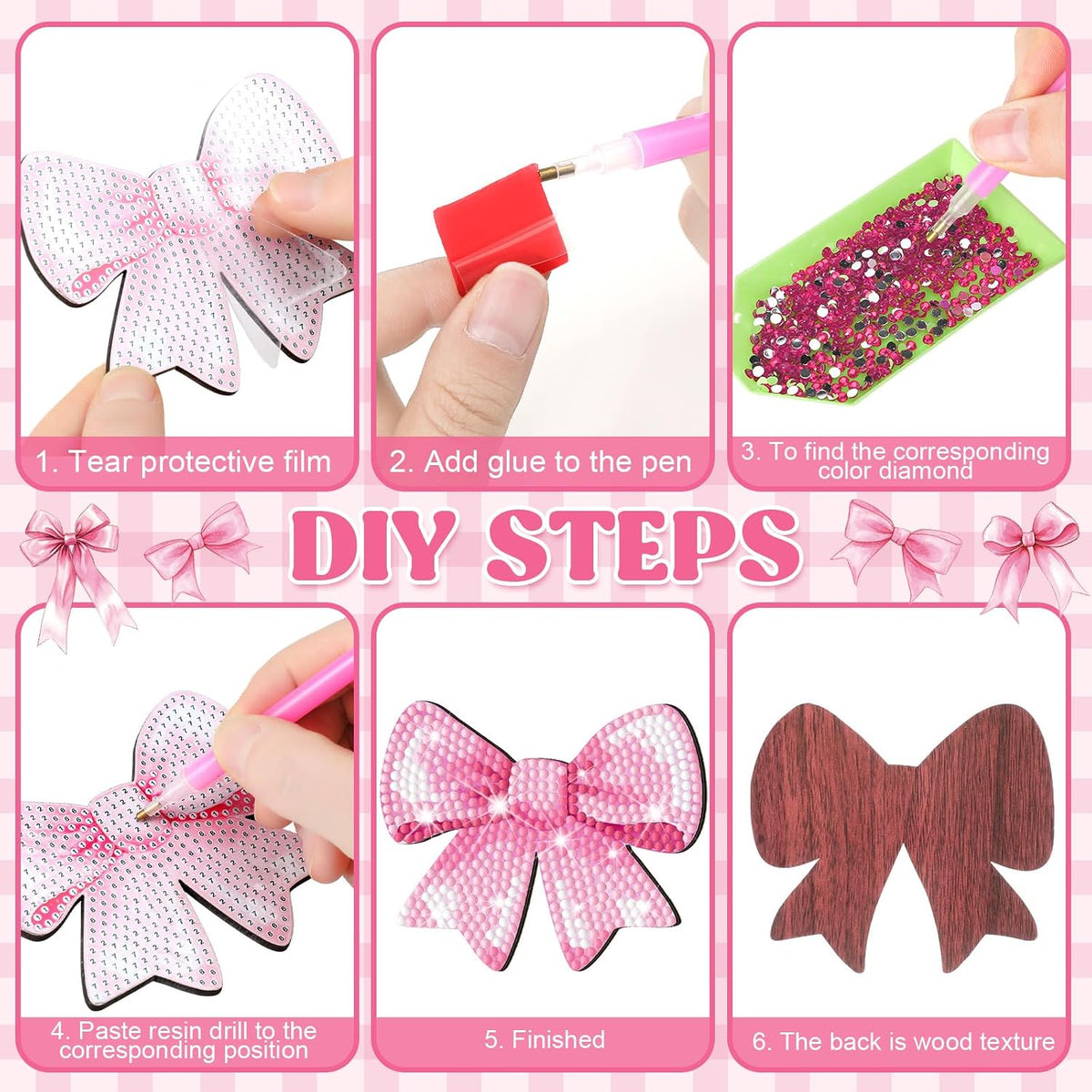 12 Pcs Pink Diamond Art Coasters with Holder Drink Diamond Painting Kit for Valentines Gifts Presents Beginners Adults Art Supplies Craft Decoration Table(Bow Shape)