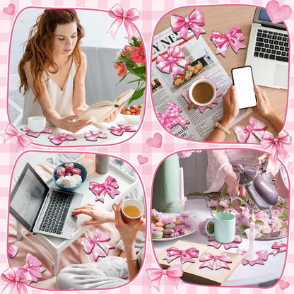 12 Pcs Pink Diamond Art Coasters with Holder Drink Diamond Painting Kit for Valentines Gifts Presents Beginners Adults Art Supplies Craft Decoration Table(Bow Shape)