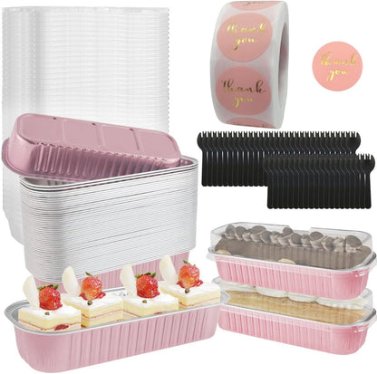 50Pcs Mini Loaf Baking Pans with Lids and Spoons 6.8oz Rectangle Aluminum Foil Bread Pans Muffin Tins Holders Cupcake Containers for Brownie Mini Cake Creme Brulee Ramekins (50, Light Pink)