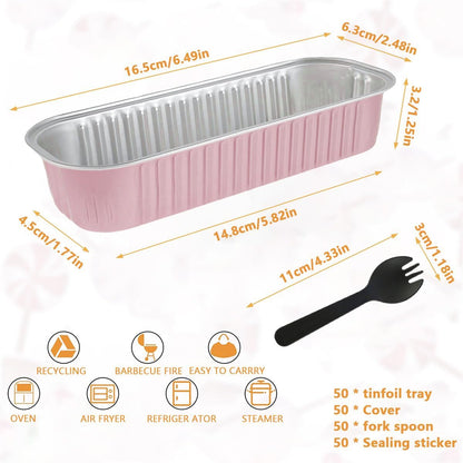 50Pcs Mini Loaf Baking Pans with Lids and Spoons 6.8oz Rectangle Aluminum Foil Bread Pans Muffin Tins Holders Cupcake Containers for Brownie Mini Cake Creme Brulee Ramekins (50, Light Pink)
