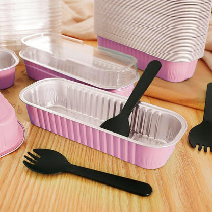 50Pcs Mini Loaf Baking Pans with Lids and Spoons 6.8oz Rectangle Aluminum Foil Bread Pans Muffin Tins Holders Cupcake Containers for Brownie Mini Cake Creme Brulee Ramekins (50, Light Pink)