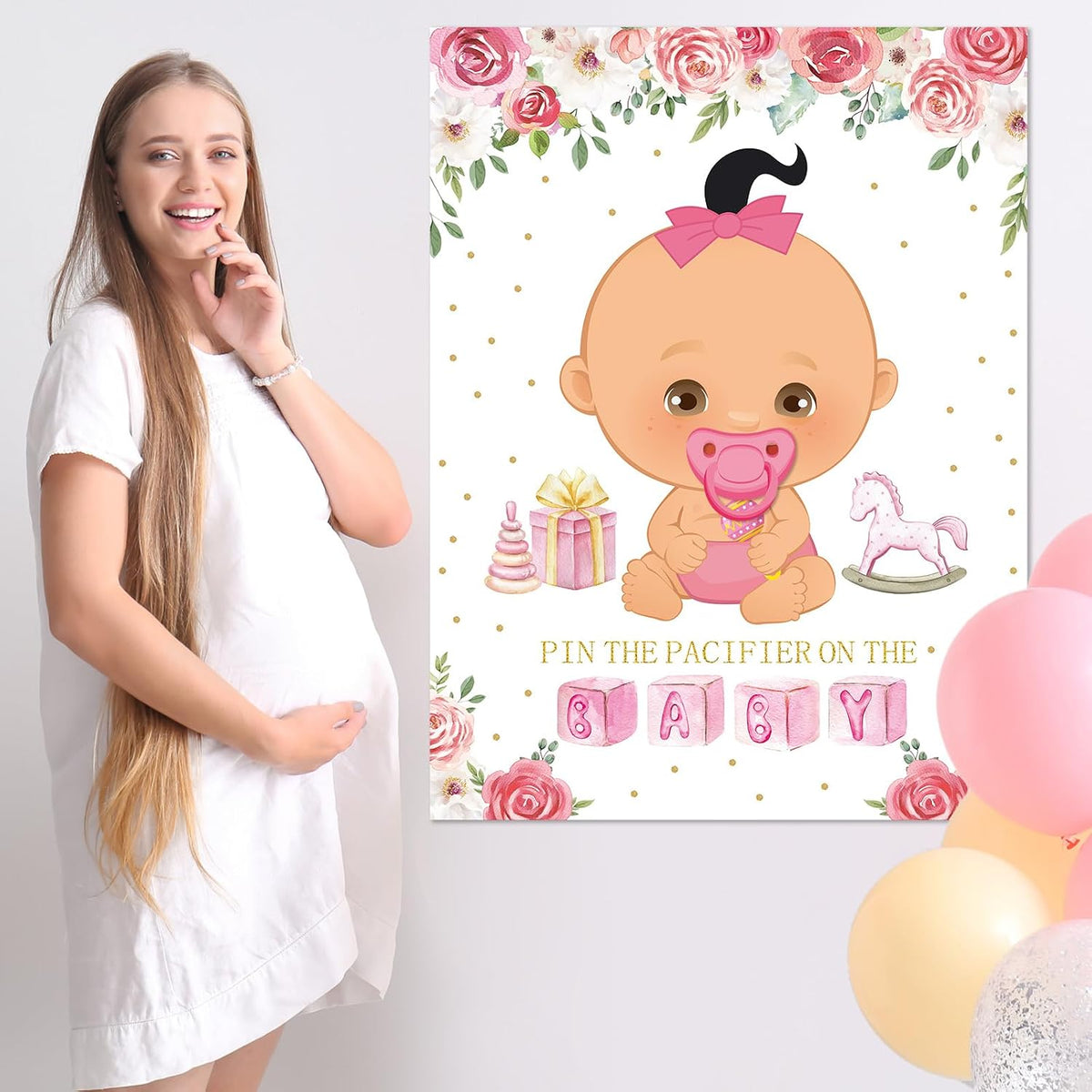 Pin the Pacifier Baby Shower Game Poster,Pink,Fair