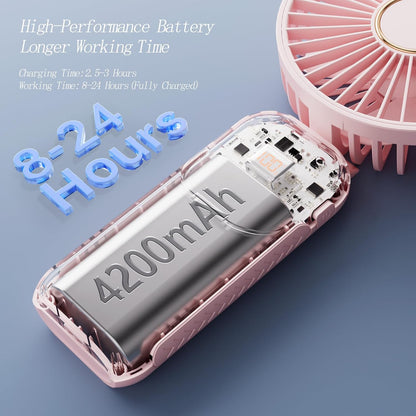 Portable Fan, 4200mAh Battery Operated Fan, 5 Speeds&Digital Display, Makeup Fans for Women with Base, 180°Foldable 3in1 Handheld/Neck/Desk Fan for Outdoor Indoor,Ultra Quiet (Pink)
