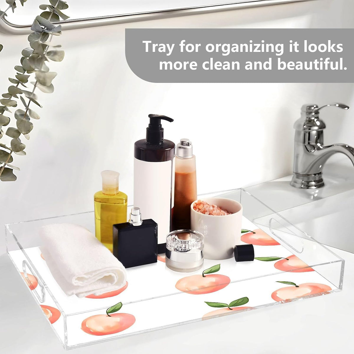 Peach Acrylic Serving Tray with Handles 15.7 x 11.8 Inch, Clear Reusable Decorative Tray, Multi-Purpose Spill Proof Table Tray for Party, Coffee, Bathroom, Kitchen, Office