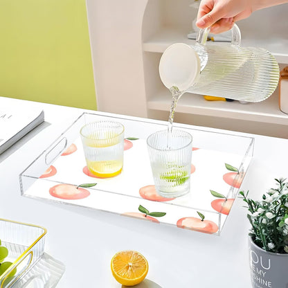 Peach Acrylic Serving Tray with Handles 15.7 x 11.8 Inch, Clear Reusable Decorative Tray, Multi-Purpose Spill Proof Table Tray for Party, Coffee, Bathroom, Kitchen, Office