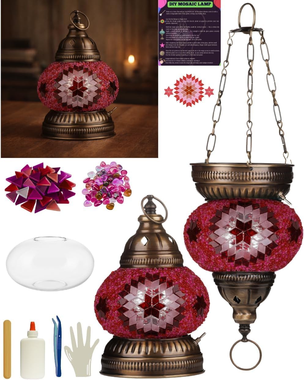 DIY Turkish Mosaic Lantern Kit – Beginner-Friendly Tiffany Glass Craft Project for Adults & Teens, Brass Finish, Battery Operated, Convertible Tabletop or Hanging Lantern (Pink)