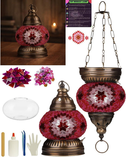 DIY Turkish Mosaic Lantern Kit – Beginner-Friendly Tiffany Glass Craft Project for Adults & Teens, Brass Finish, Battery Operated, Convertible Tabletop or Hanging Lantern (Pink)