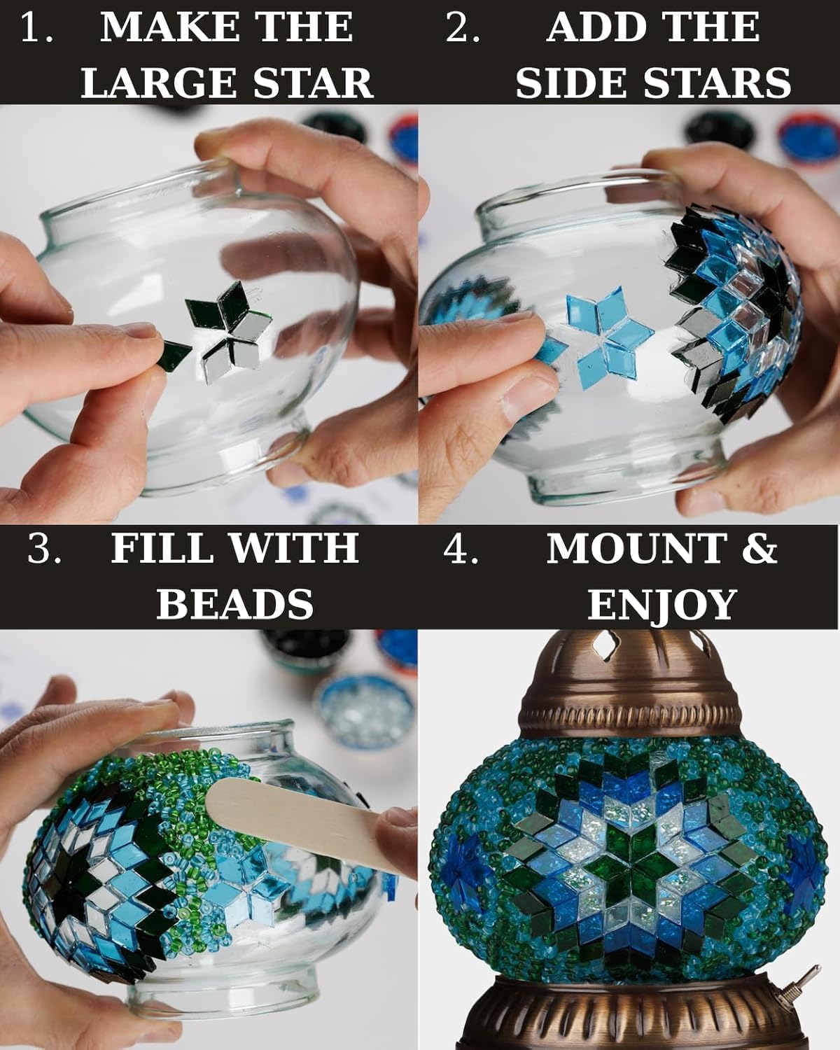 DIY Turkish Mosaic Lantern Kit – Beginner-Friendly Tiffany Glass Craft Project for Adults & Teens, Brass Finish, Battery Operated, Convertible Tabletop or Hanging Lantern (Pink)