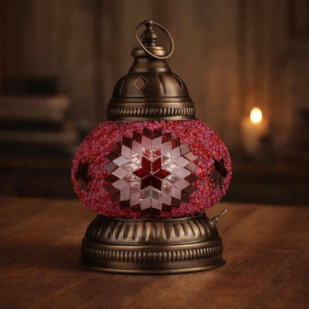 DIY Turkish Mosaic Lantern Kit – Beginner-Friendly Tiffany Glass Craft Project for Adults & Teens, Brass Finish, Battery Operated, Convertible Tabletop or Hanging Lantern (Pink)
