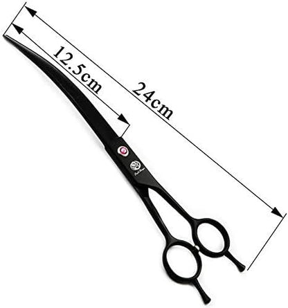 Purple Dragon 9.0 inch Twin Tails Downward Curved Blade Pet Grooming Scissors Dog Hair Cutting Shears with Bag for Professional Left Handed or Right Hand Pet Grooomer (Black Downward Curved)