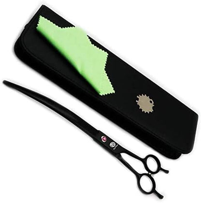 Purple Dragon 9.0 inch Twin Tails Downward Curved Blade Pet Grooming Scissors Dog Hair Cutting Shears with Bag for Professional Left Handed or Right Hand Pet Grooomer (Black Downward Curved)