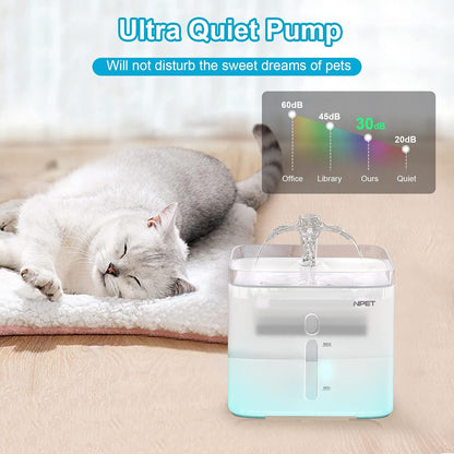 NPET Cat Water Fountain, 3L Automatic Pet Drinking Fountain Dog Water Dispenser with Quadruple-Action Filter (Semi-White, with an Adapter)
