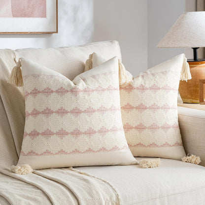 Set of 2 Boho Pink Decorative Throw Pillow Cover 18x18 Inch for Couch Bed Sofa, Aesthetic Modern Organic Farmhouse Home Decor, Soft Cotton Accent Macrame Woven Cushion Case with Tassels