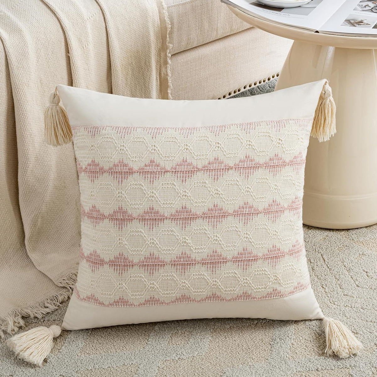 Set of 2 Boho Pink Decorative Throw Pillow Cover 18x18 Inch for Couch Bed Sofa, Aesthetic Modern Organic Farmhouse Home Decor, Soft Cotton Accent Macrame Woven Cushion Case with Tassels