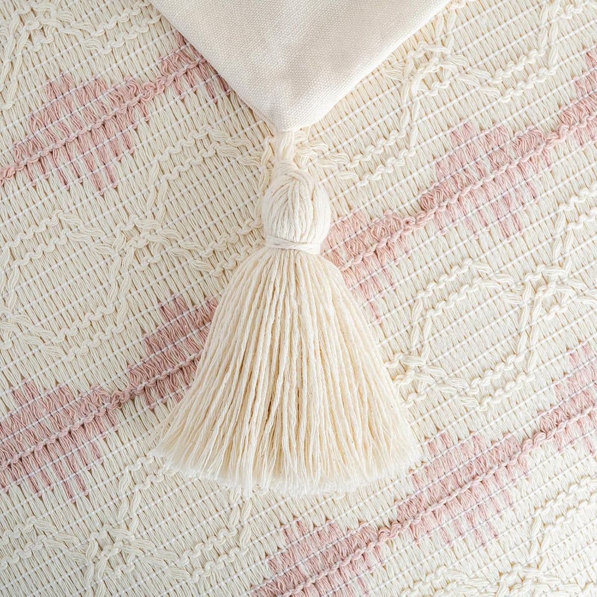 Set of 2 Boho Pink Decorative Throw Pillow Cover 18x18 Inch for Couch Bed Sofa, Aesthetic Modern Organic Farmhouse Home Decor, Soft Cotton Accent Macrame Woven Cushion Case with Tassels