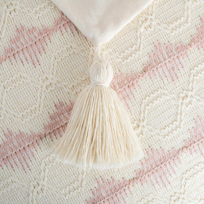 Set of 2 Boho Pink Decorative Throw Pillow Cover 18x18 Inch for Couch Bed Sofa, Aesthetic Modern Organic Farmhouse Home Decor, Soft Cotton Accent Macrame Woven Cushion Case with Tassels