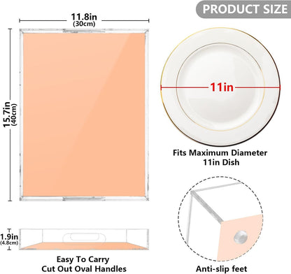 Peach Orange Acrylic Serving Tray Plastic Food Trays Platter with Handles Clear Decorative Platters for Coffee Table Vanity Countertop