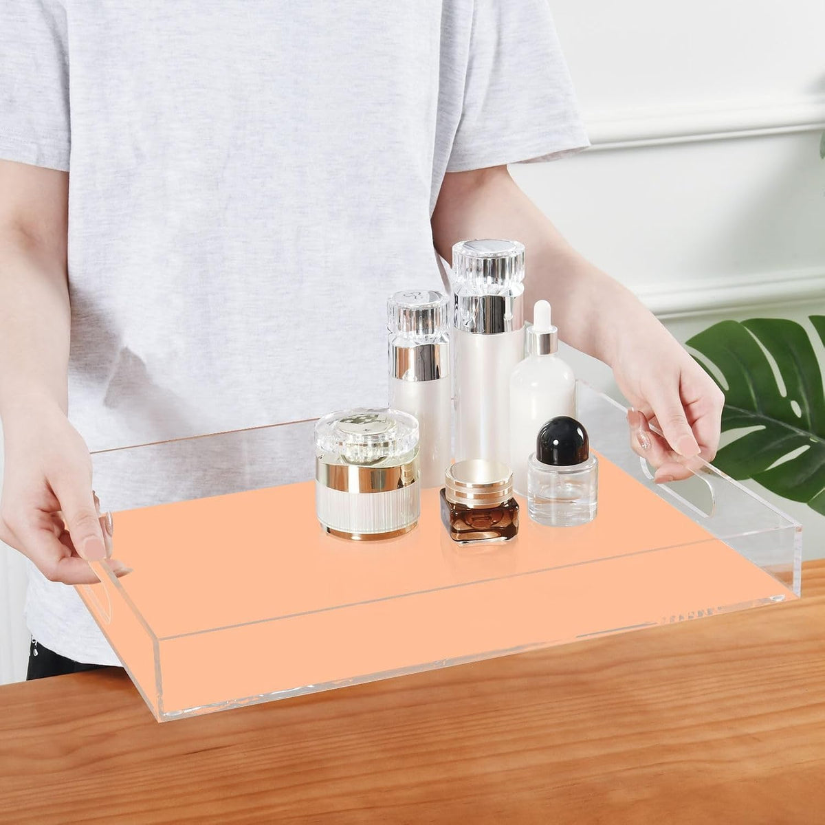 Peach Orange Acrylic Serving Tray Plastic Food Trays Platter with Handles Clear Decorative Platters for Coffee Table Vanity Countertop