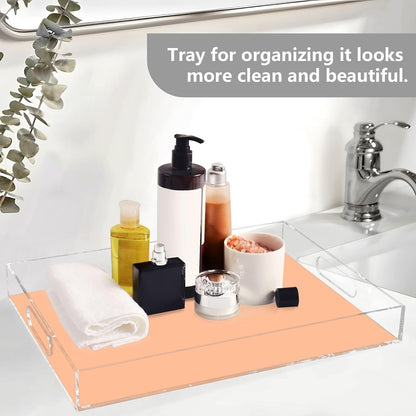 Peach Orange Acrylic Serving Tray Plastic Food Trays Platter with Handles Clear Decorative Platters for Coffee Table Vanity Countertop