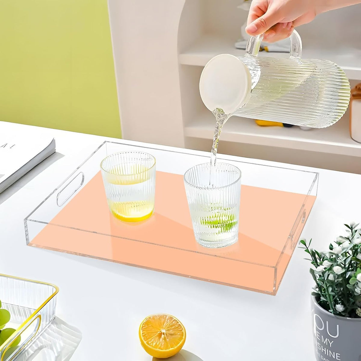 Peach Orange Acrylic Serving Tray Plastic Food Trays Platter with Handles Clear Decorative Platters for Coffee Table Vanity Countertop