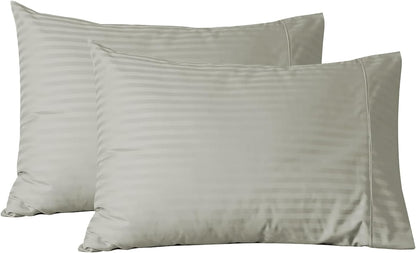 Feather & Stitch 100% Cotton Standard Pillow Covers Set of 2, 500TC Envelope Closure Pillowcases, Soft Luxury Damask Stripe Sateen Weave Pillow Case for Sleeping, 20x30 Inches - Blue Blush Stripe