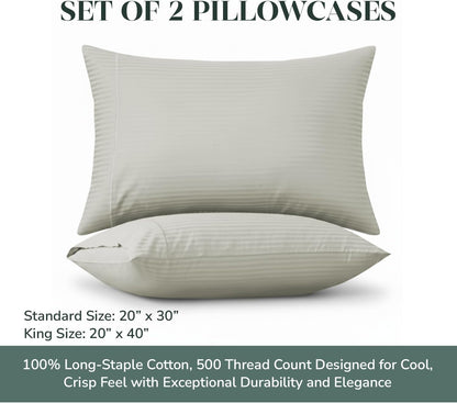 Feather & Stitch 100% Cotton Standard Pillow Covers Set of 2, 500TC Envelope Closure Pillowcases, Soft Luxury Damask Stripe Sateen Weave Pillow Case for Sleeping, 20x30 Inches - Blue Blush Stripe