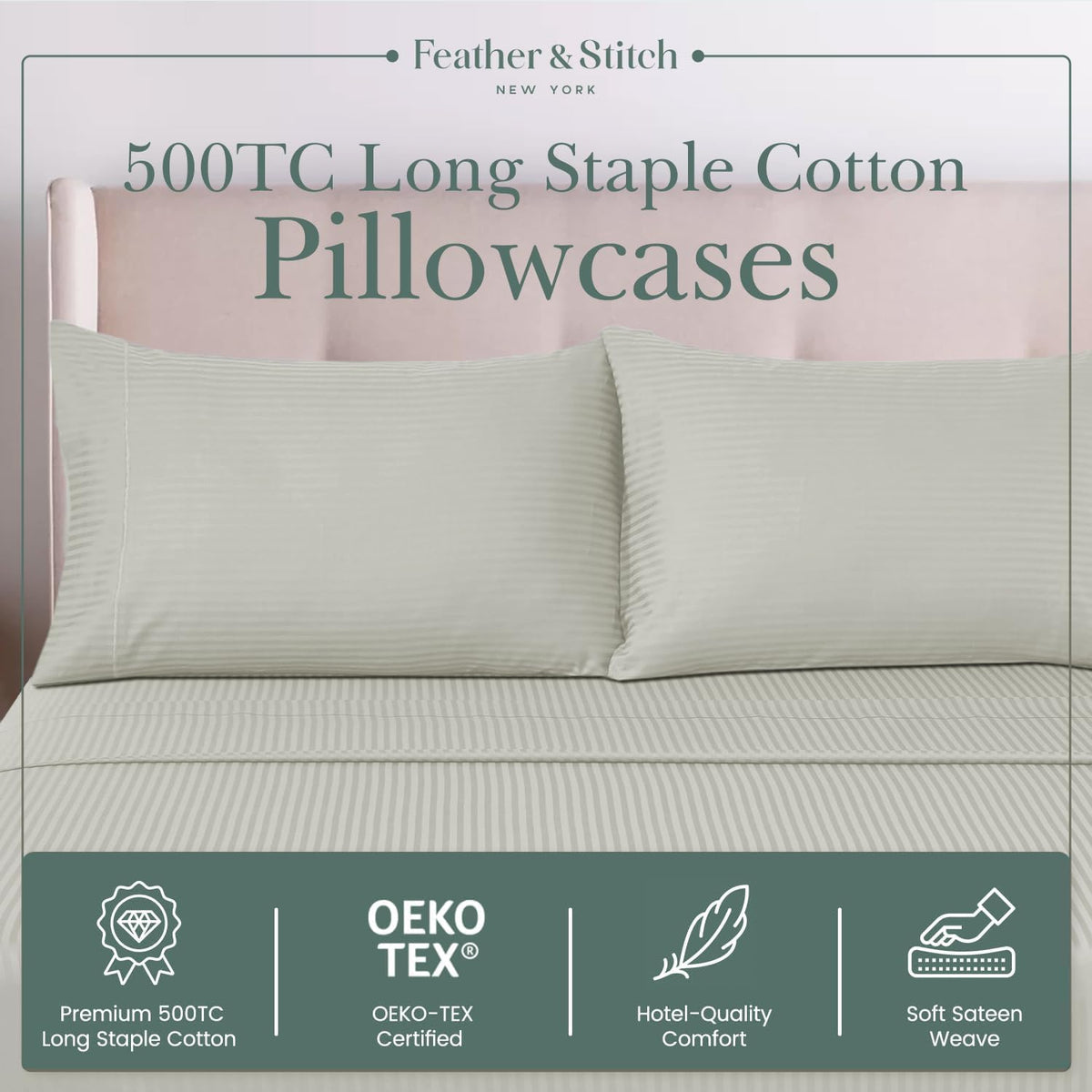 Feather & Stitch 100% Cotton Standard Pillow Covers Set of 2, 500TC Envelope Closure Pillowcases, Soft Luxury Damask Stripe Sateen Weave Pillow Case for Sleeping, 20x30 Inches - Blue Blush Stripe