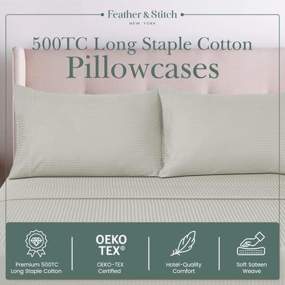 Feather & Stitch 100% Cotton Standard Pillow Covers Set of 2, 500TC Envelope Closure Pillowcases, Soft Luxury Damask Stripe Sateen Weave Pillow Case for Sleeping, 20x30 Inches - Blue Blush Stripe