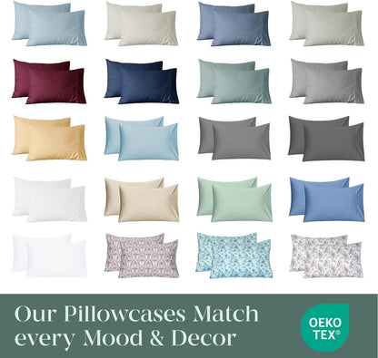 Feather & Stitch 100% Cotton Standard Pillow Covers Set of 2, 500TC Envelope Closure Pillowcases, Soft Luxury Damask Stripe Sateen Weave Pillow Case for Sleeping, 20x30 Inches - Blue Blush Stripe