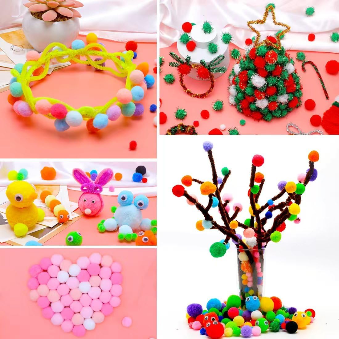 Pink Pom Poms, 0.4inch(1cm), 2000pcs, Small Size, Pom Poms for Arts and Crafts, Pom Pom Balls, Craft Supplies.