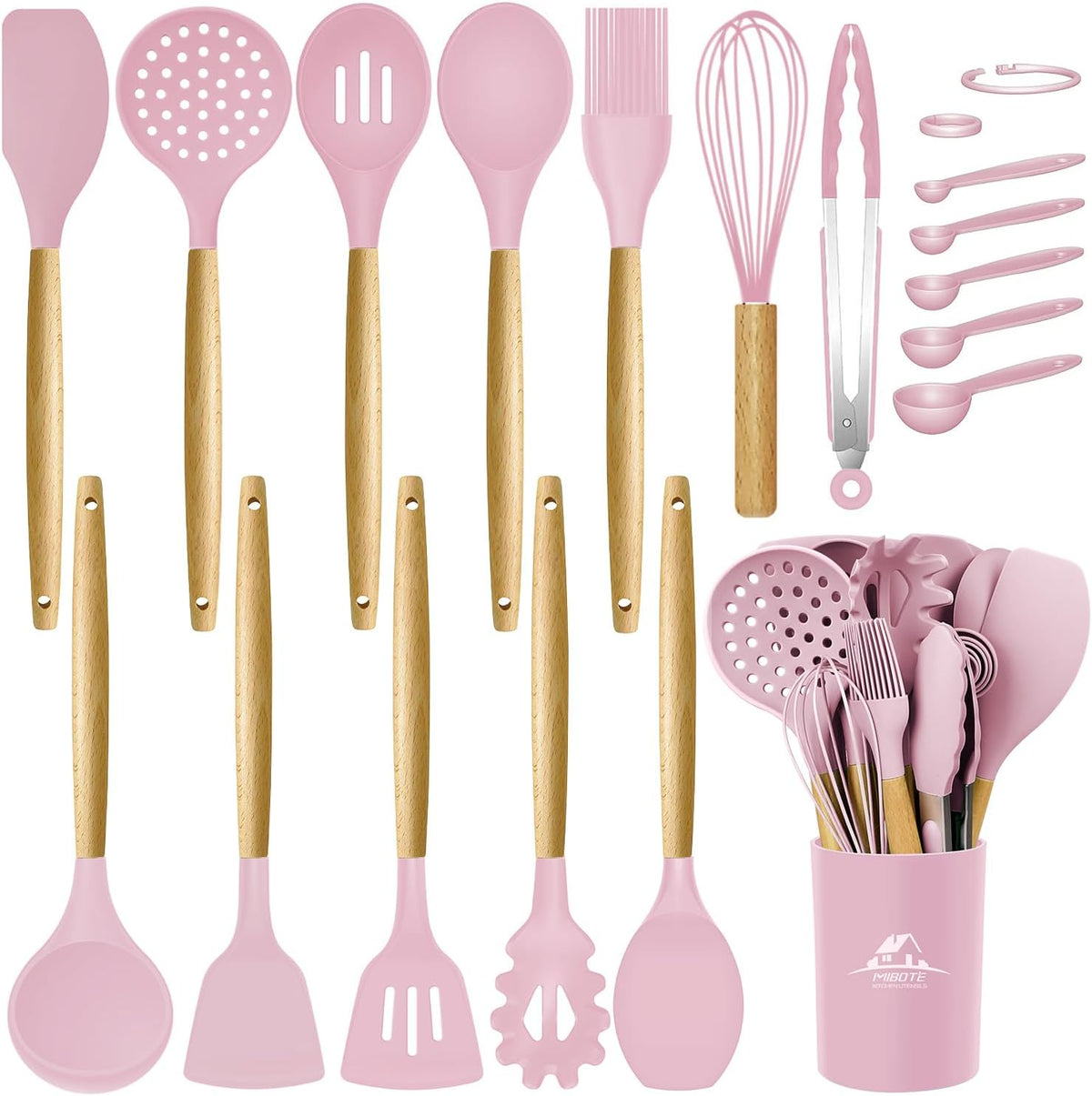 Silicone Cooking Kitchen Utensils Set, Wooden Handle, Pinky