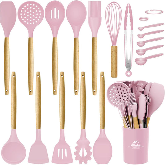 Silicone Cooking Kitchen Utensils Set, Wooden Handle, Pinky